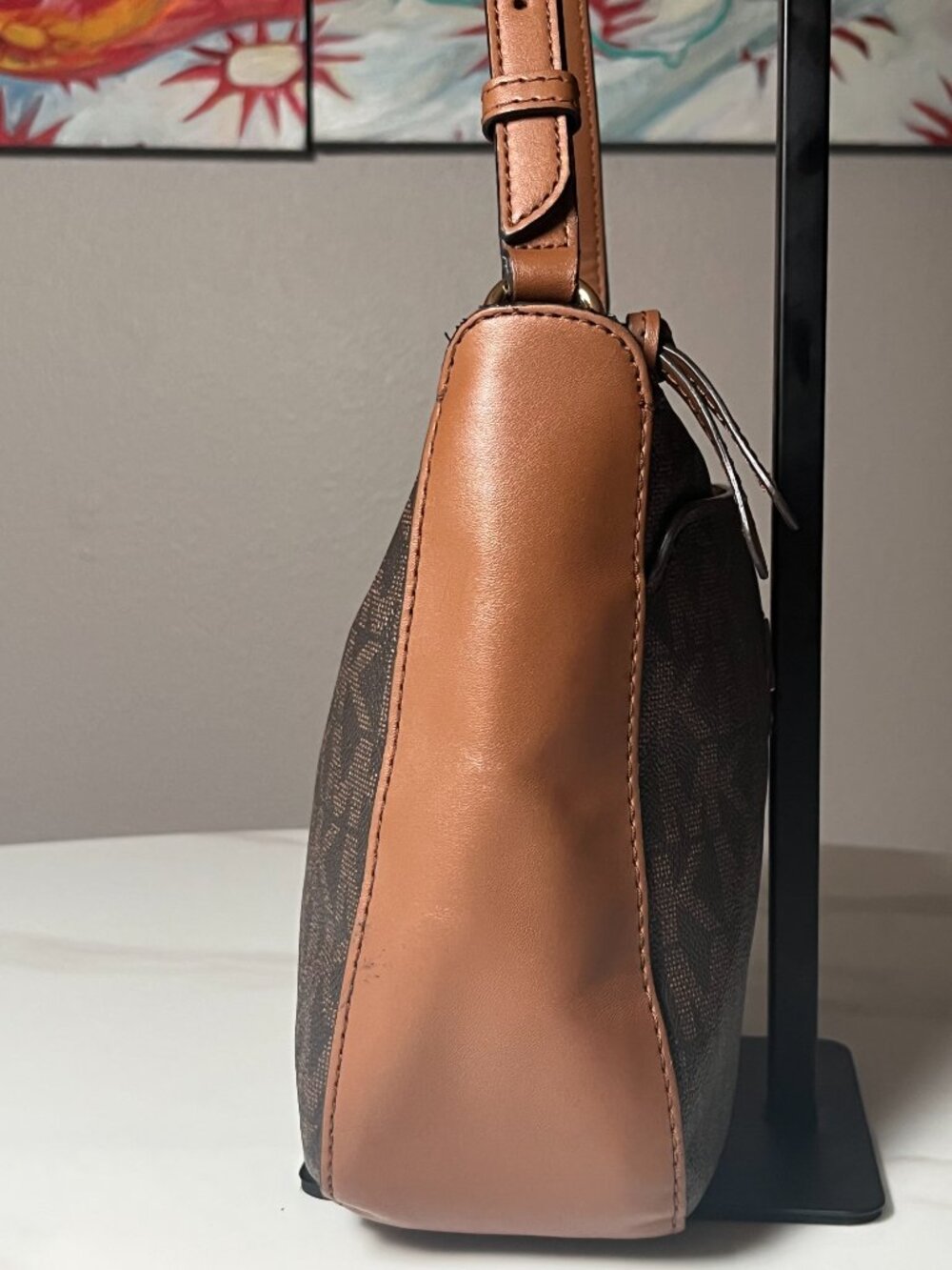 Michael Kors Signature MK Logo Shoulder Bag Brown Tan Leather - Like New - Picture 6 of 13